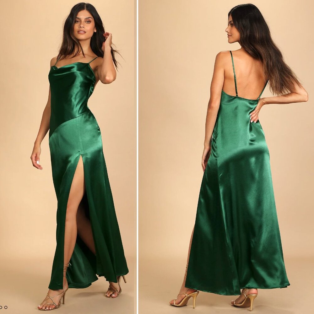 Lulu's Emerald Green Satin Maxi Dress with Slit